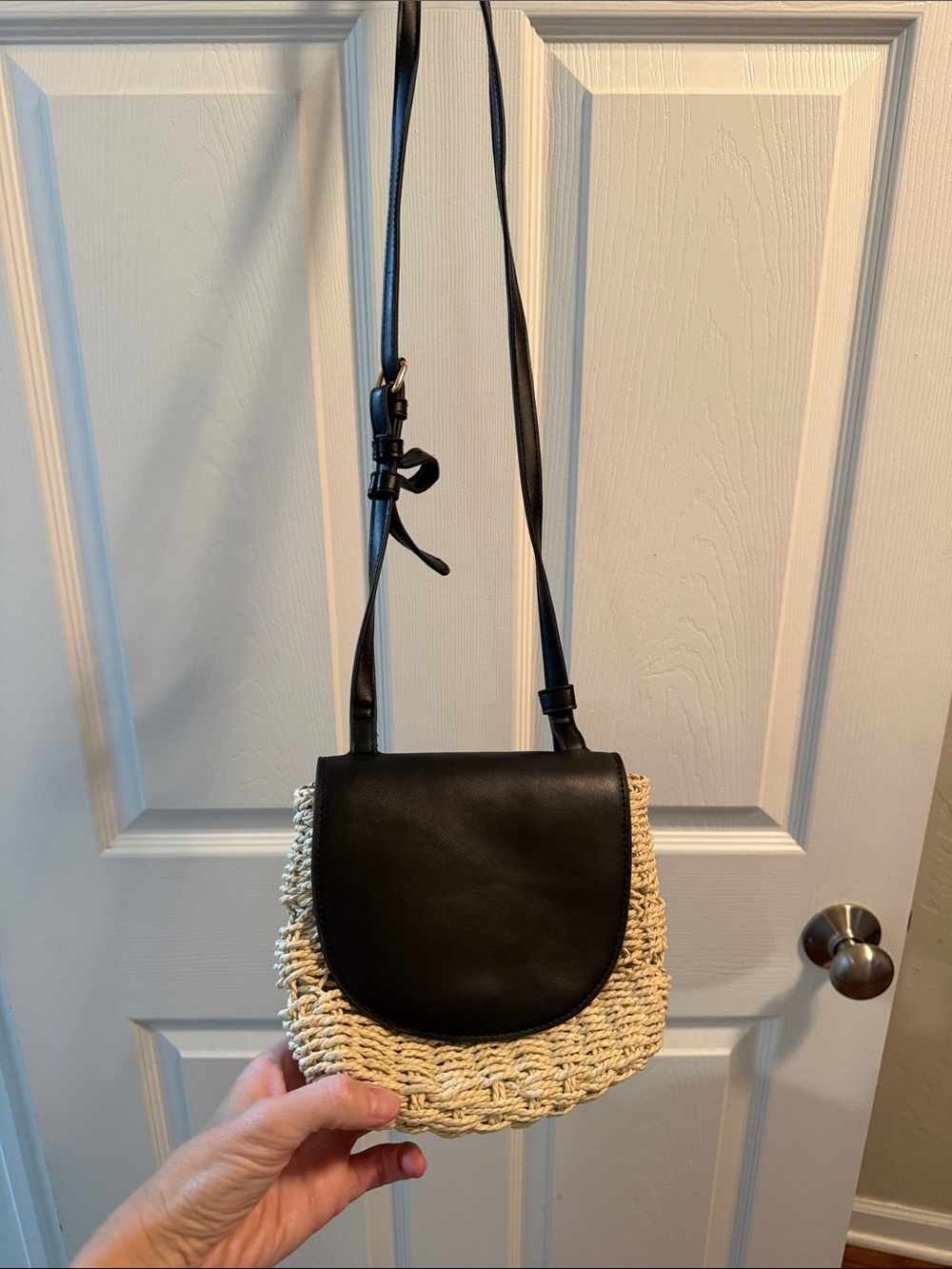 A new day- Woven Straw Crossbody with Black Leather Flap